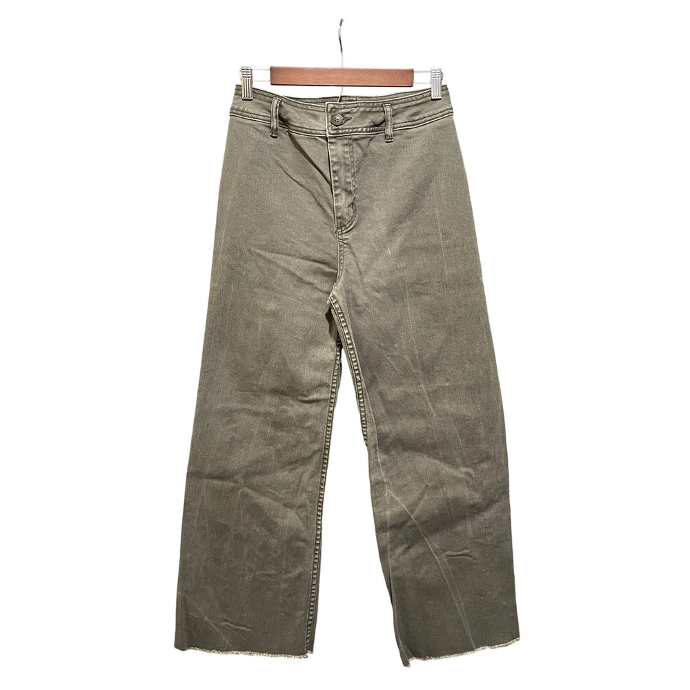 Miou Muse Olive Green Wide Leg Raw Hem High Rise Denim Pants MMP623 Size L